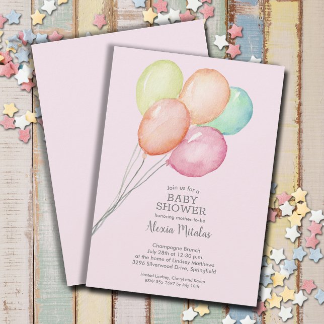 Barnshuggare för vattenfärgsbubblor för flickor inbjudningar (Watercolor balloons girl baby shower invitations, PRINTED and/or INSTANT DOWNLOAD)