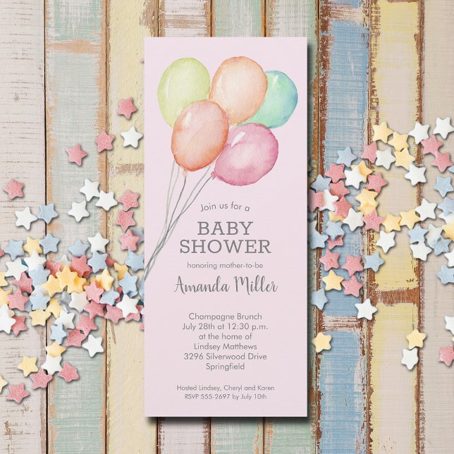 Barnshuggare för vattenfärgsbubblor för flickor inbjudningar (Watercolor balloons girl baby shower invitations, PRINTED and/or INSTANT DOWNLOAD)