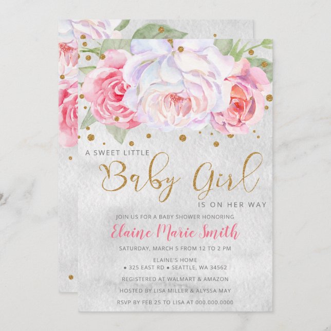 Barnshuggare för Watercolor Rosa  Guld Blommigt Gi Inbjudningar (Fram/baksida)
