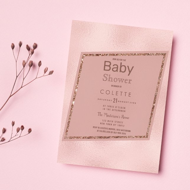Barnshuggare i Elegant Rosa ros Guld Glitter Inbjudan Vykort (Simple Elegant Pink Rose Gold Glitter Baby Shower)