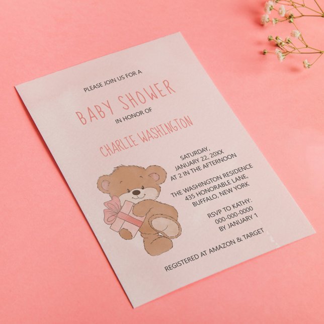 Barnshuggare med enkel Nalle Rosa med vattenfärg Inbjudningar (Skapare uppladdad)