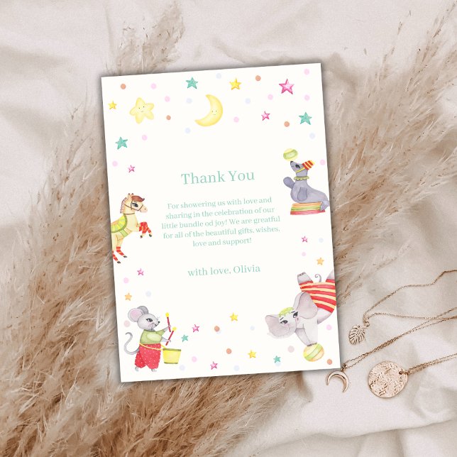 Barnshusare för Cute Finare Circus-karnival Tack Kort (Cute Fancy Circus Carnival Animals Baby Shower Thank You Card)