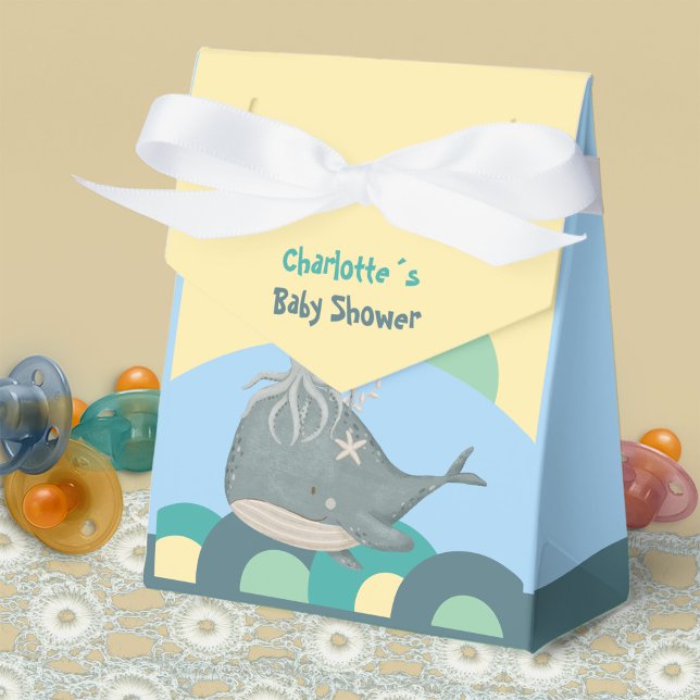 Barnshusare för Gult av flytande vickelspumpor Presentaskar (Adorable Nautical Whale Squid Yellow Baby Shower Favor Boxes ©Susanne Sachers - Sunny Mind Design 🌞)