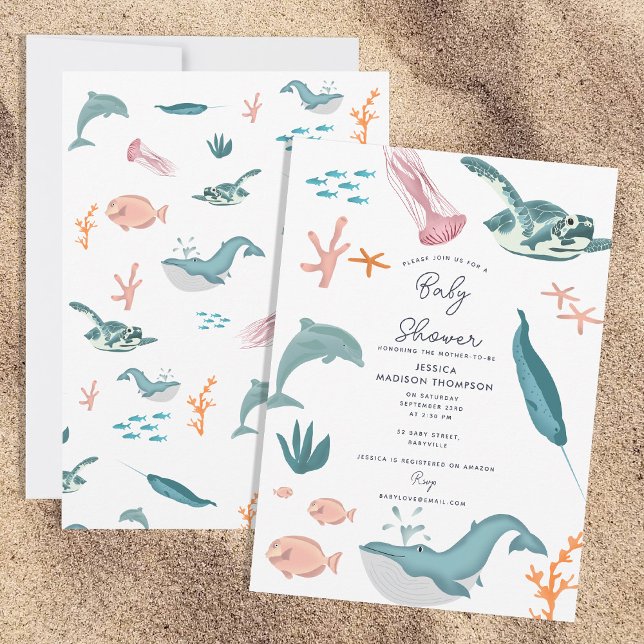 Barnshusare för vattendjur vid havets djur inbjudningar (Watercolor Ocean Sea Animals Baby Shower Invitation)