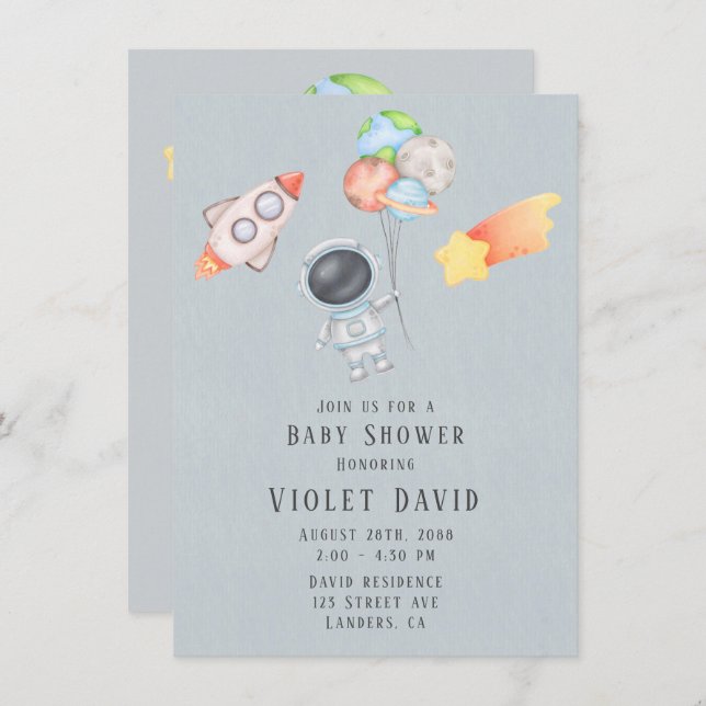 Barnshusare för Watercolor Rymden Astronaut Boy Sh Inbjudningar (Fram/baksida)