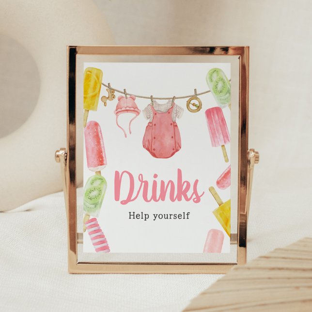 Barnskårdroppsburkar för flickor poster (Popsicle Baby Shower Drinks Sign )