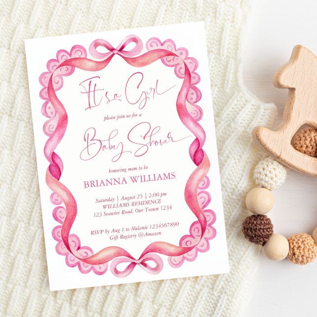 Barnskdusch för rosa på snöre-bandet inbjudningar (Preppy cute pink wavy ribbon vintage lace girls baby shower invitation template instant download)