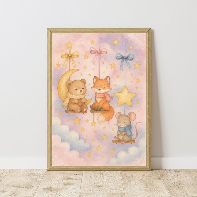 Barnskogs djur Celestial Nursery Väggkonst (Baby Woodland Animals Moon Stars Celestial Nursery Wall Art. Girls Nursery or Boys, Toddler Bedroom)