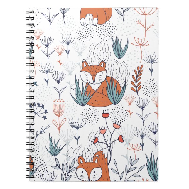 Barnskogsillustration, rävar och blommor. anteckningsbok (Framsidan)