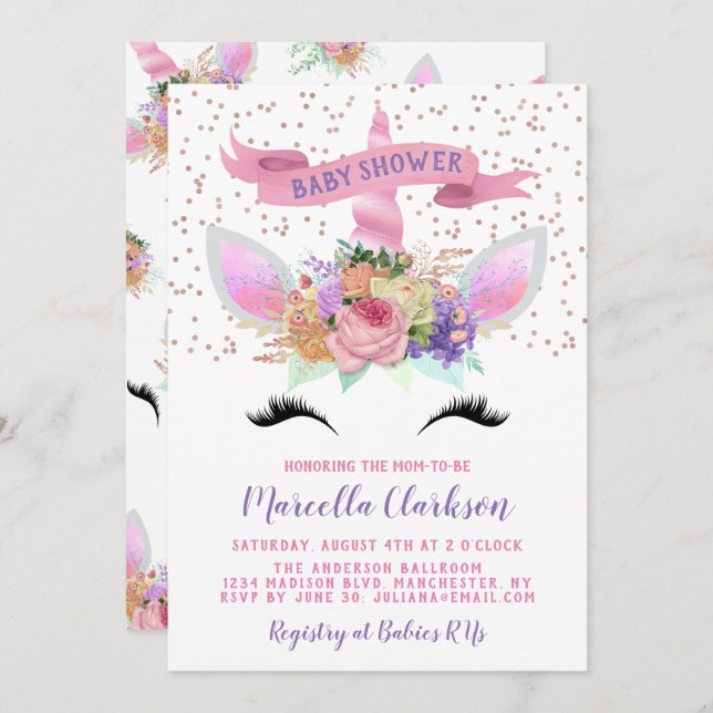 Barnskor för Bright Blommigt Unicorn Inbjudningar (Fram/baksida)