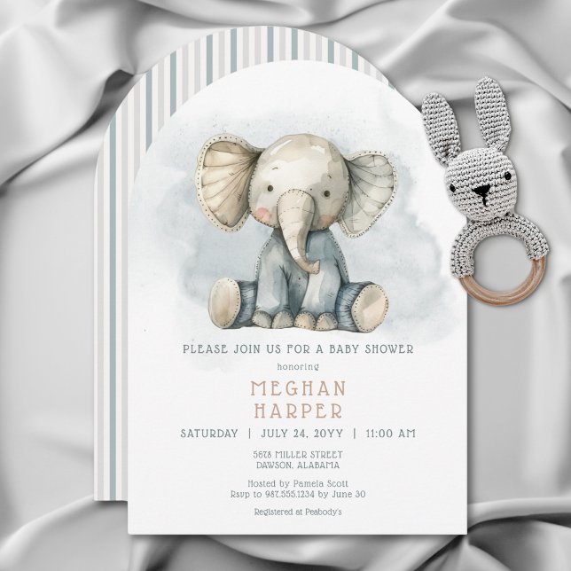 Barnskor för elefantblåstrimlad barnvagn inbjudningar (Elephant Blue Striped Arch Baby Shower Invitation)