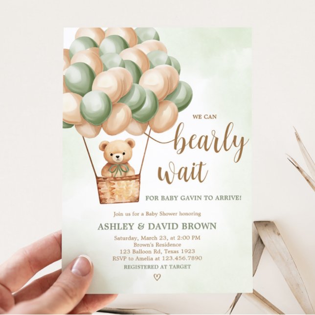Barnskor för Luftballong med grönt Inbjudningar (Boho Green Bear Baby Shower Invitation)