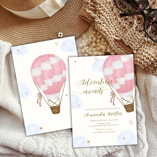 Barnskor för rosa Guld Äventyr Luftballong  Inbjudningar (Pink Gold Adventure Hot Air Balloon Baby Shower Invitation)