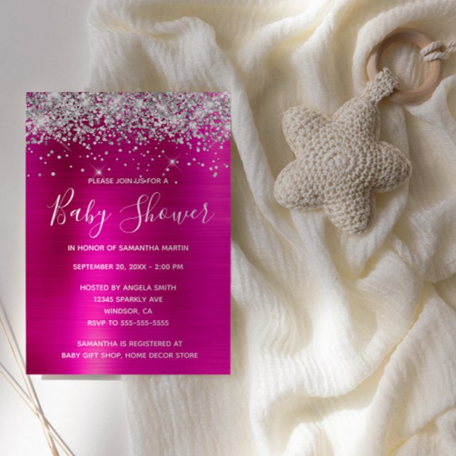 Barnskor för Shock rosa i Silver Glitter Inbjudningar (Silver Glitter Hot Pink Glam Baby Shower Invite)