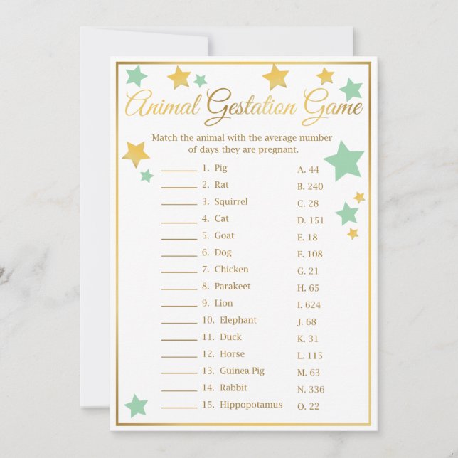 Barnskor i Guld Mint Star Game Animal Gestation Inbjudningar (Framsida)