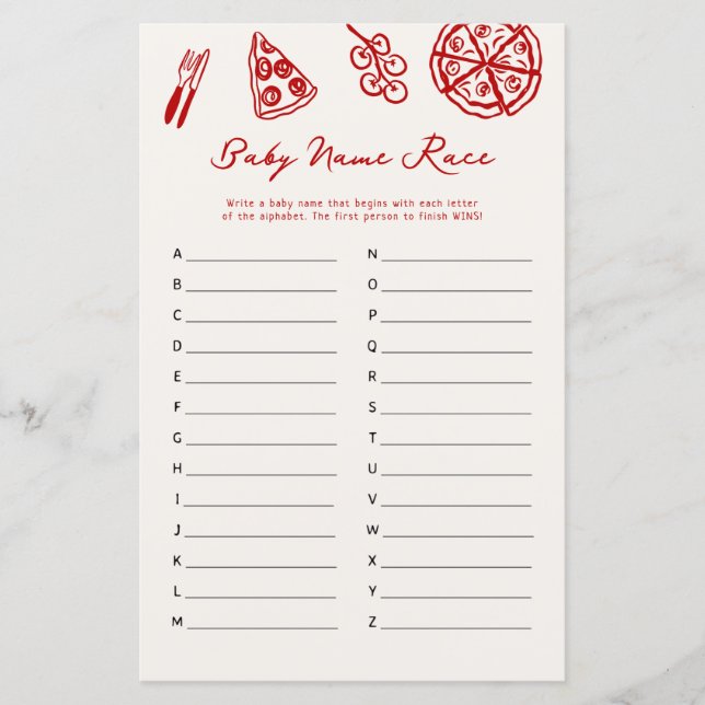 Barnskor i Pizza-babyspel baby Namn (Framsida)