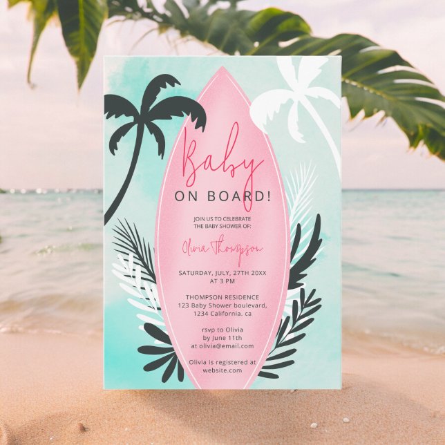 Barnskor på den tropiska strandstranden handflatan inbjudningar (Tropical beach surfboard palm tree Baby Shower Invitation)