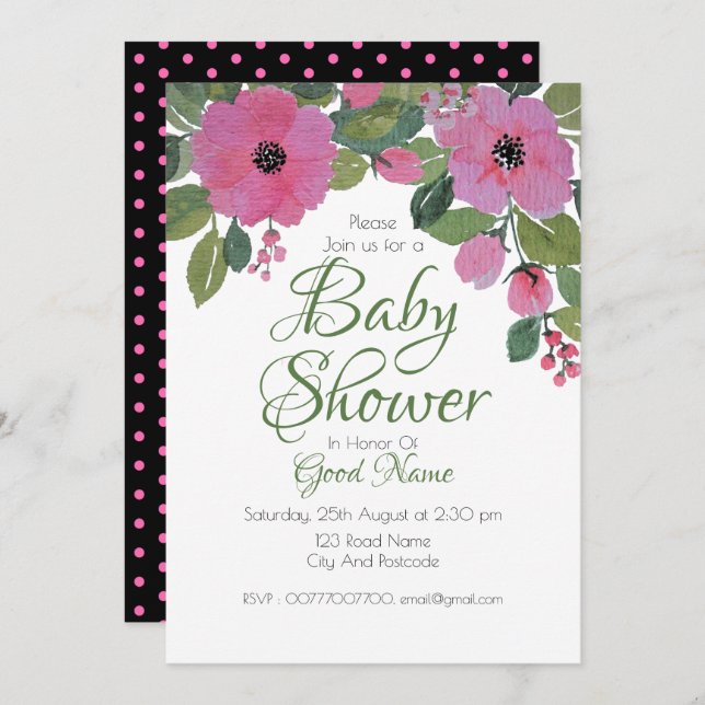 Barnskorgskort för Rosa Blommigt för vattenfärg Inbjudningar (Fram/baksida)