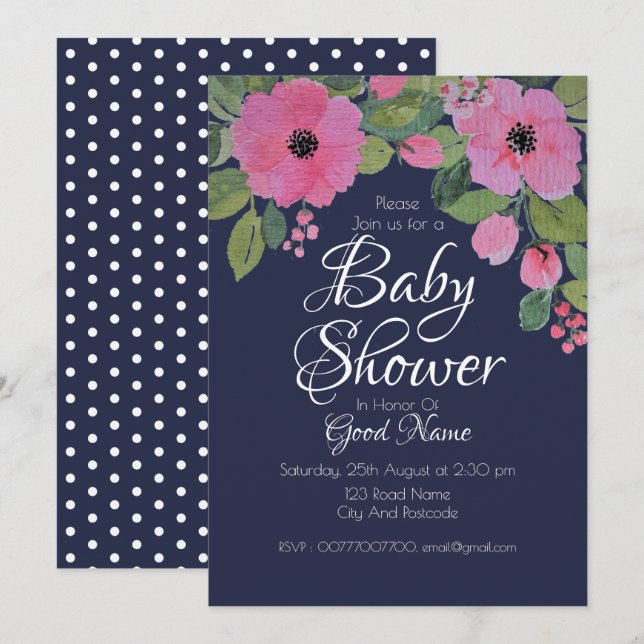 Barnskorgskort för Rosa Blommigt för vattenfärg Inbjudningar (Fram/baksida)