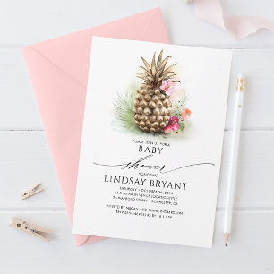Barnskötare för tropisk Blommigt av ananas i Guld Inbjudningar