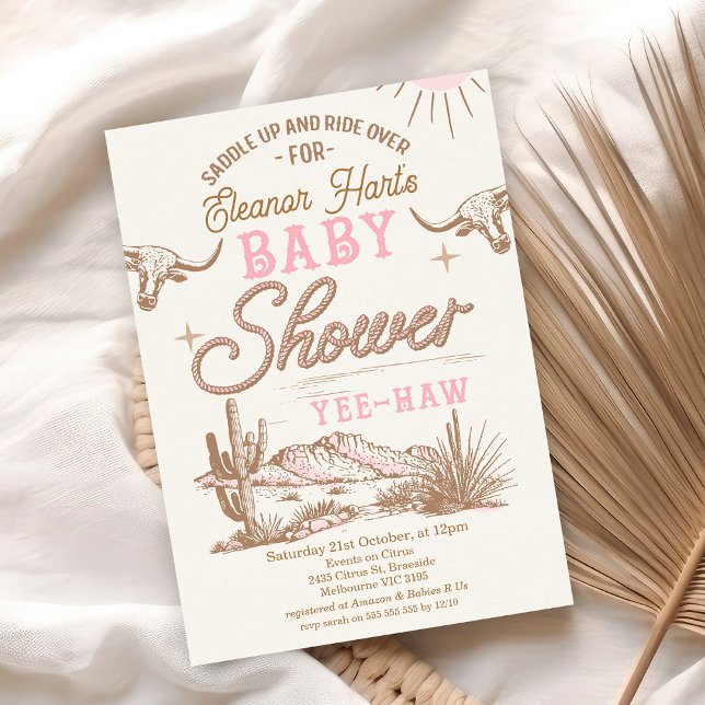 Barnskötare för Westerna flickor i rosa Desert Vil Inbjudningar (Editable Cowgirl Baby Shower Invitation Vintage  Little Cowgirl Wild West Invite Rodeo Desert)