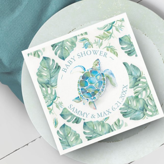 Barnskugga för sköldpadda vid Tropical Sea Turtle  Pappersservett (Baby shower sea turtle napkins with tropical monstera palm leaves watercolor Victoria Grigaliunas)