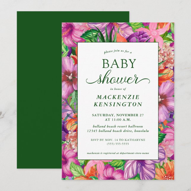 Barnskuva för elegant Grönt Tropical Blommigt Baby Inbjudningar (Fram/baksida)
