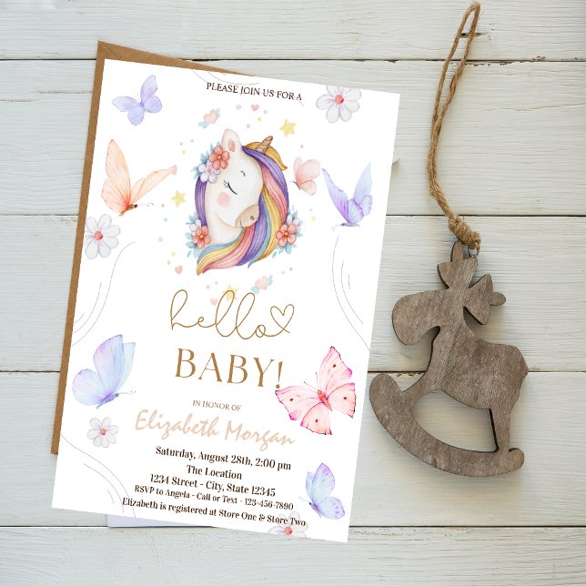 Barnskuvor för Unicorn Flowers Butterfly Dots Baby Inbjudningar (Skapare uppladdad)