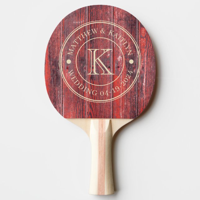 Barnskylt med monogram i distress-stil för bröllop pingisracket (Baksidan)