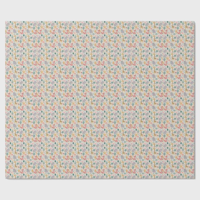 Barnslig elefant, räv & giraffa söta tecknade djur presentpapper (Platt)
