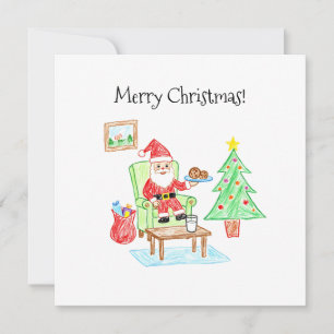 Barnslig konstnärlig julkort med tomte och kakor kort