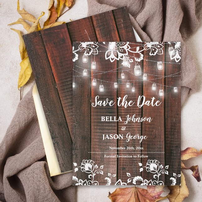 Barnsliten rustik trästrängljus bröllop meddelande vykort (Rustic Wood String Lights Wedding Announcement Postcard | Barn Lace Wood Marriage Announcement)