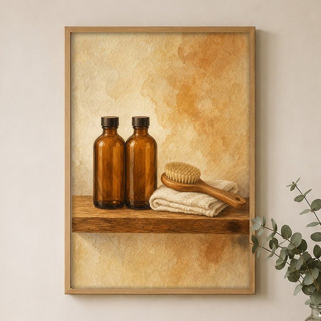 Bärnstenoljaflaskor Vattenfärg Farmhouse Konst Aff Poster (Shown framed for scale. Poster ships unframed; frames are an optional add-on.)