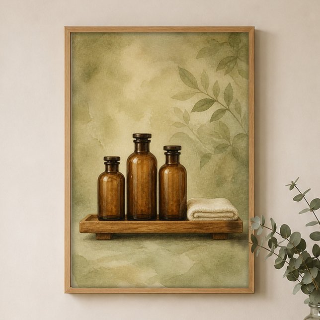 Bärnstensflaskor på Teak Vattenfärg Farmhouseaffis Poster (Shown framed for scale. Poster ships unframed; frames are an optional add-on.)