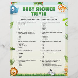 Barnstödschema Trivia Baby Shower Game [Djurtema] Brevhuvud