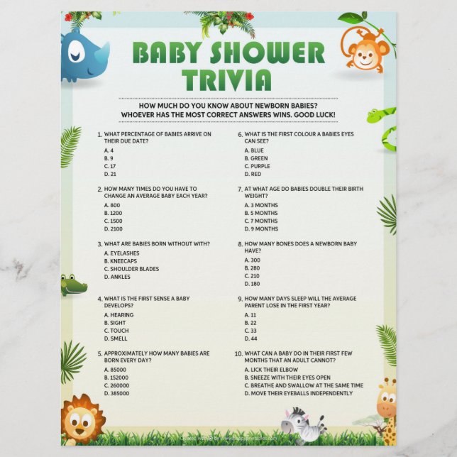 Barnstödschema Trivia Baby Shower Game [Djurtema] Brevhuvud (Framsida)