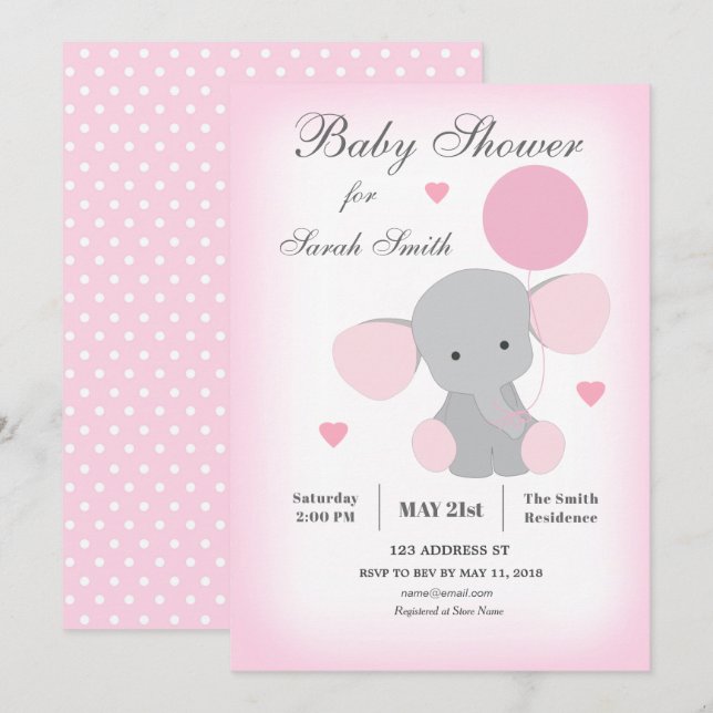 Barnstödsinbjudan Elephant Rosa Inbjudningar (Fram/baksida)
