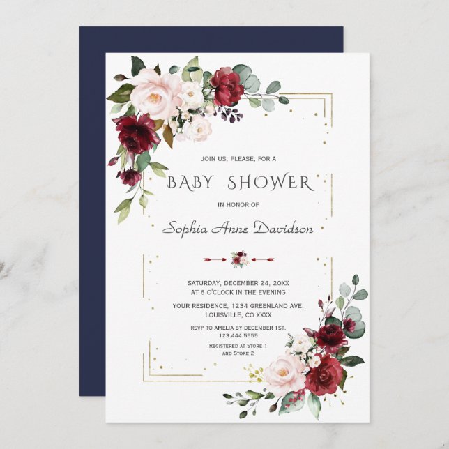 Barnstödsprogram för Burgundy  Blommigt Guld Glitt Inbjudningar (Fram/baksida)