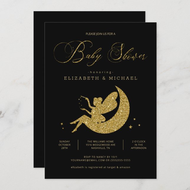 Barnstödsprogram för Fairy Guld Black Glitter Baby Inbjudningar (Fram/baksida)