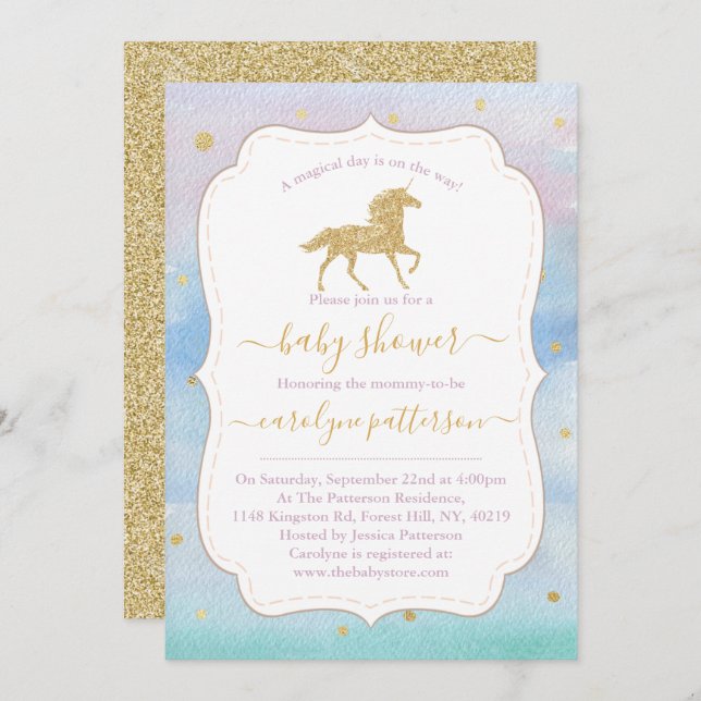 Barnstödsprogram för Guld Glitter Unicorn Inbjudningar (Fram/baksida)