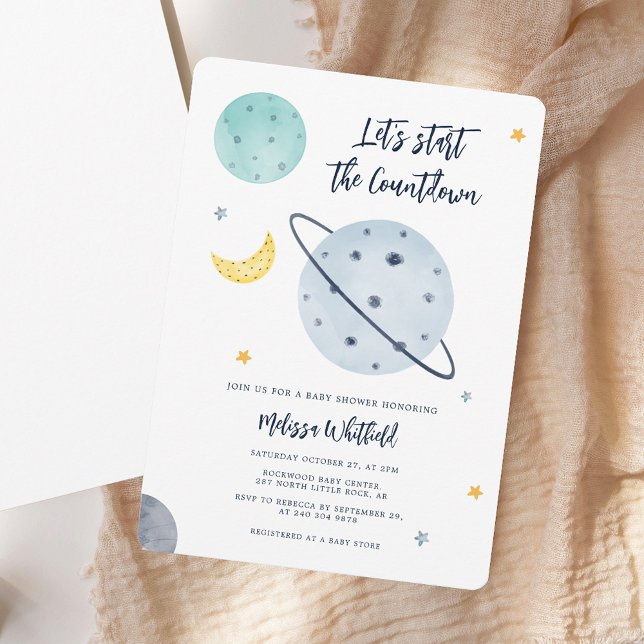 Barnstödsprogram för modern Rymden-skript Inbjudningar (Modern Outer Space Script Boy Baby Shower Invitation)