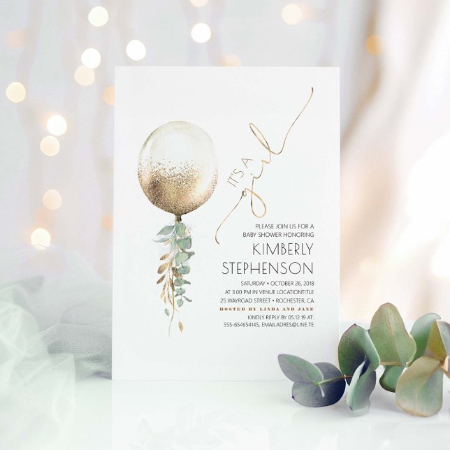 Barnstödsprogram i Grey och Guld Glitter Inbjudningar (It's a Girl Gold Balloon and Greenery Baby Shower Invitations)