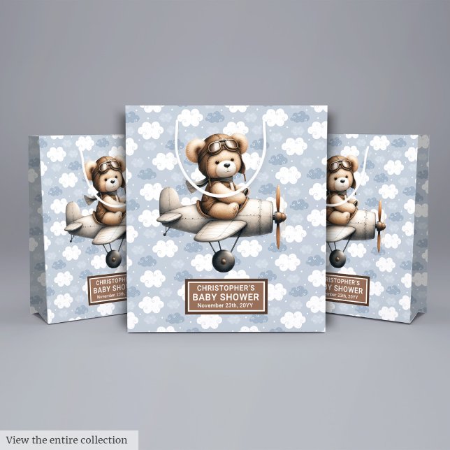 Barnstödsskabb med flygande babyutformning (Boy Baby Shower Gift Bag With Flying Bear Design)