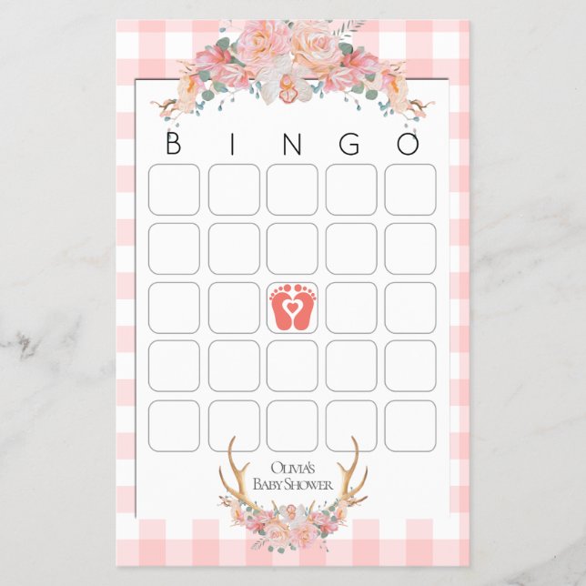 Barnstödsspel Bingo BOHO Baby Shower Coral Flygblad (Framsidan)