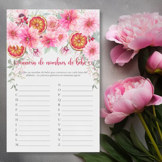 Barnstödsspel för Rosa av babykläder för spanska B (Spanish baby name race citrus with pink flowers baby shower game, girl baby shower,)