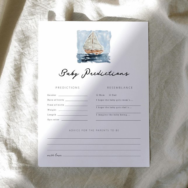 Barnstödsspel för sjukbåtsförutsägelser (Nautical watercolor sailboat chic baby shower baby predictions game.)