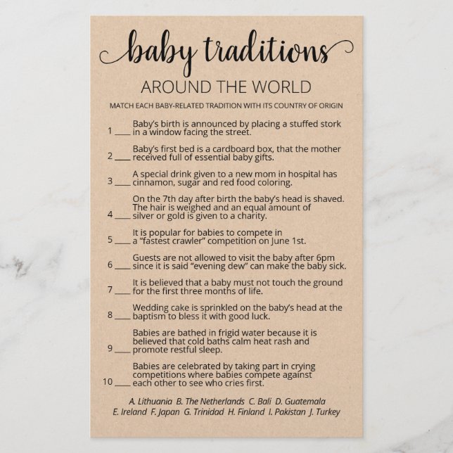 Barntraditioner Baby Shower spel med svar (Framsida)