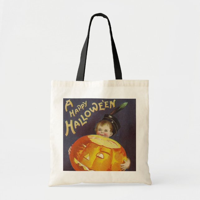 Barntrick mot Happy halloween vintage behandlar ba Tygkasse (Framsidan)