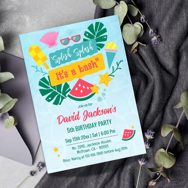 Barntropisk strand bassäng party 5:e födelsedag inbjudningar (Skapare uppladdad)
