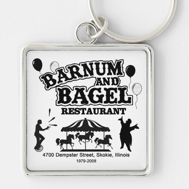Barnum och Bagel Restaurant, Skokie, Illinois Fyrkantig Silverfärgad Nyckelring (Framsidan)